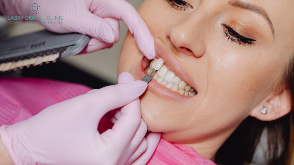 woman fixing her missing teeth with veneers